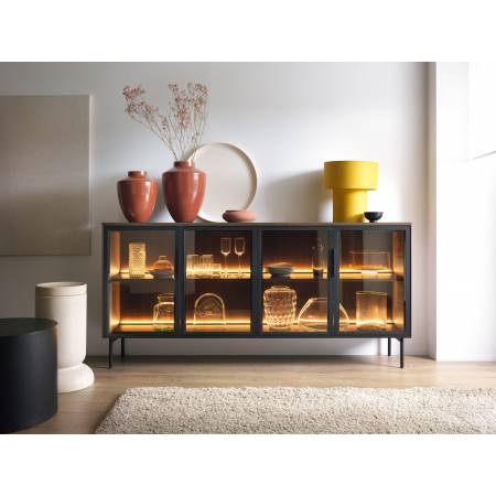 Komoda 180 cm dąb dunin + czarny LED 4-drzwiowa przeszklona LIMA